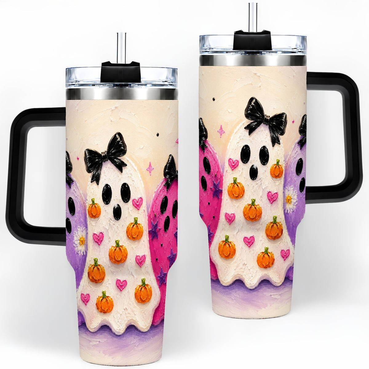 #pl[40oz|Black] Cute Ghost Trio 40oz Tumbler, Halloween Artwork for Spooky Season Fans