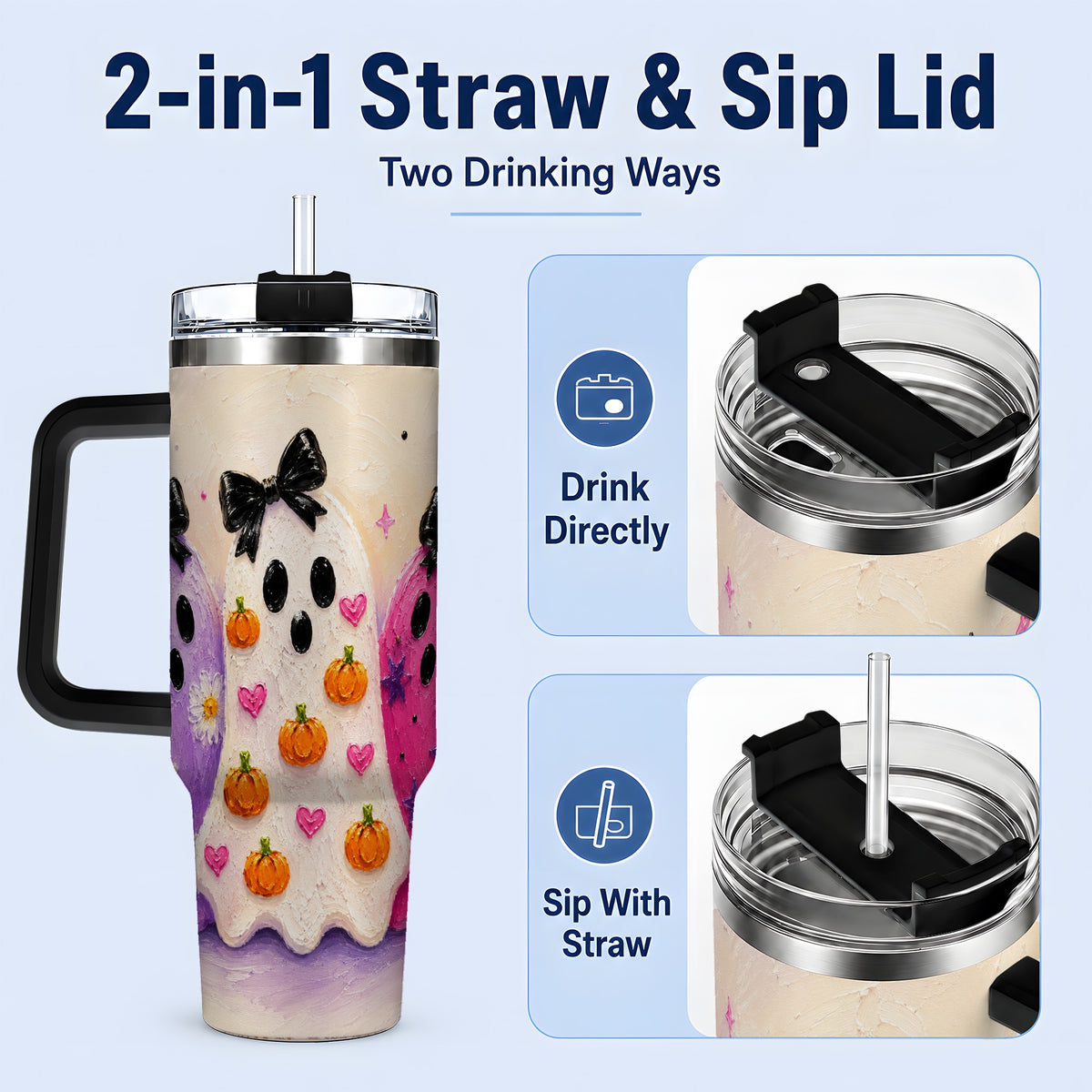 #pl[40oz|Black] Cute Ghost Trio 40oz Tumbler, Halloween Artwork for Spooky Season Fans