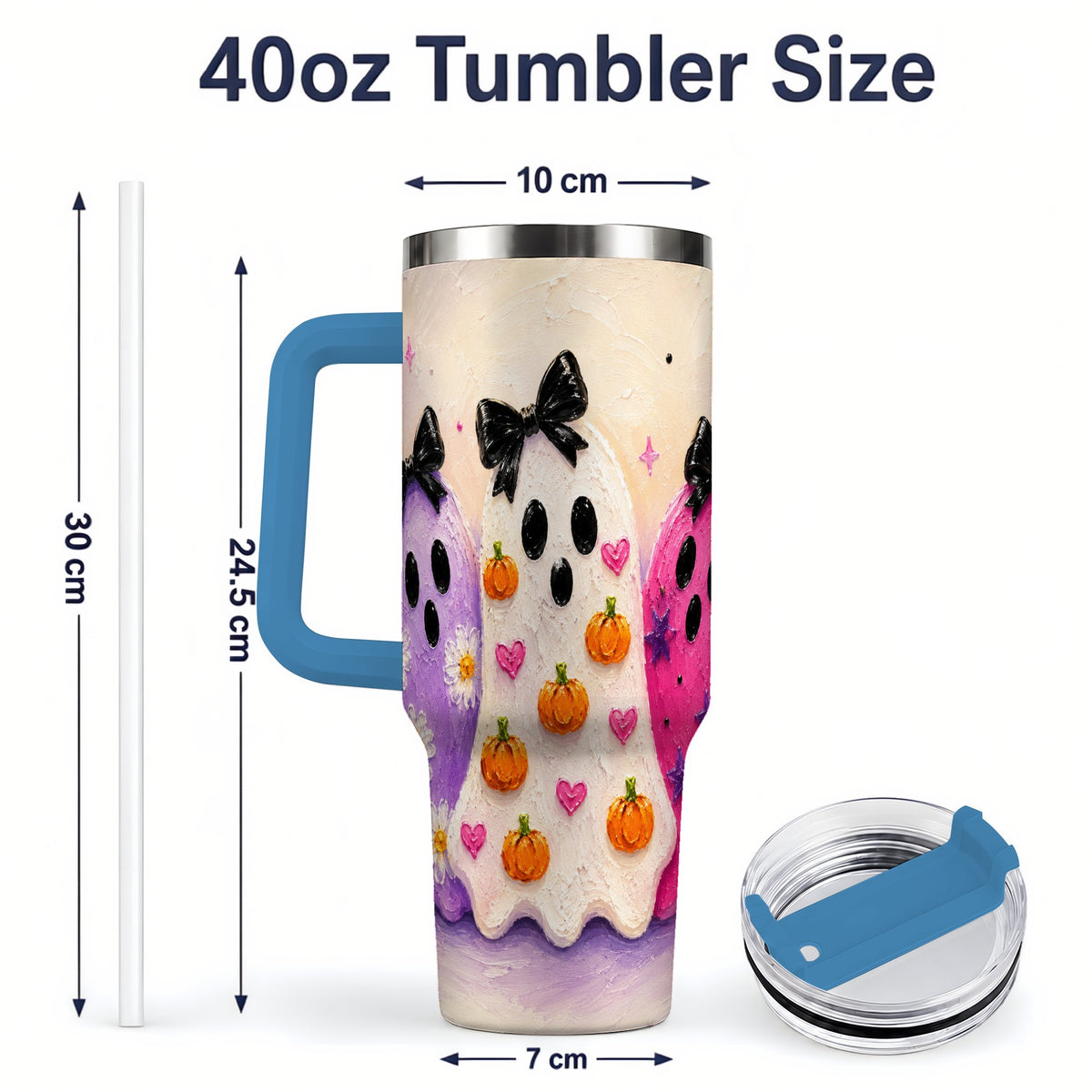 #pl[40oz|Blue] Cute Ghost Trio 40oz Tumbler, Halloween Artwork for Spooky Season Fans