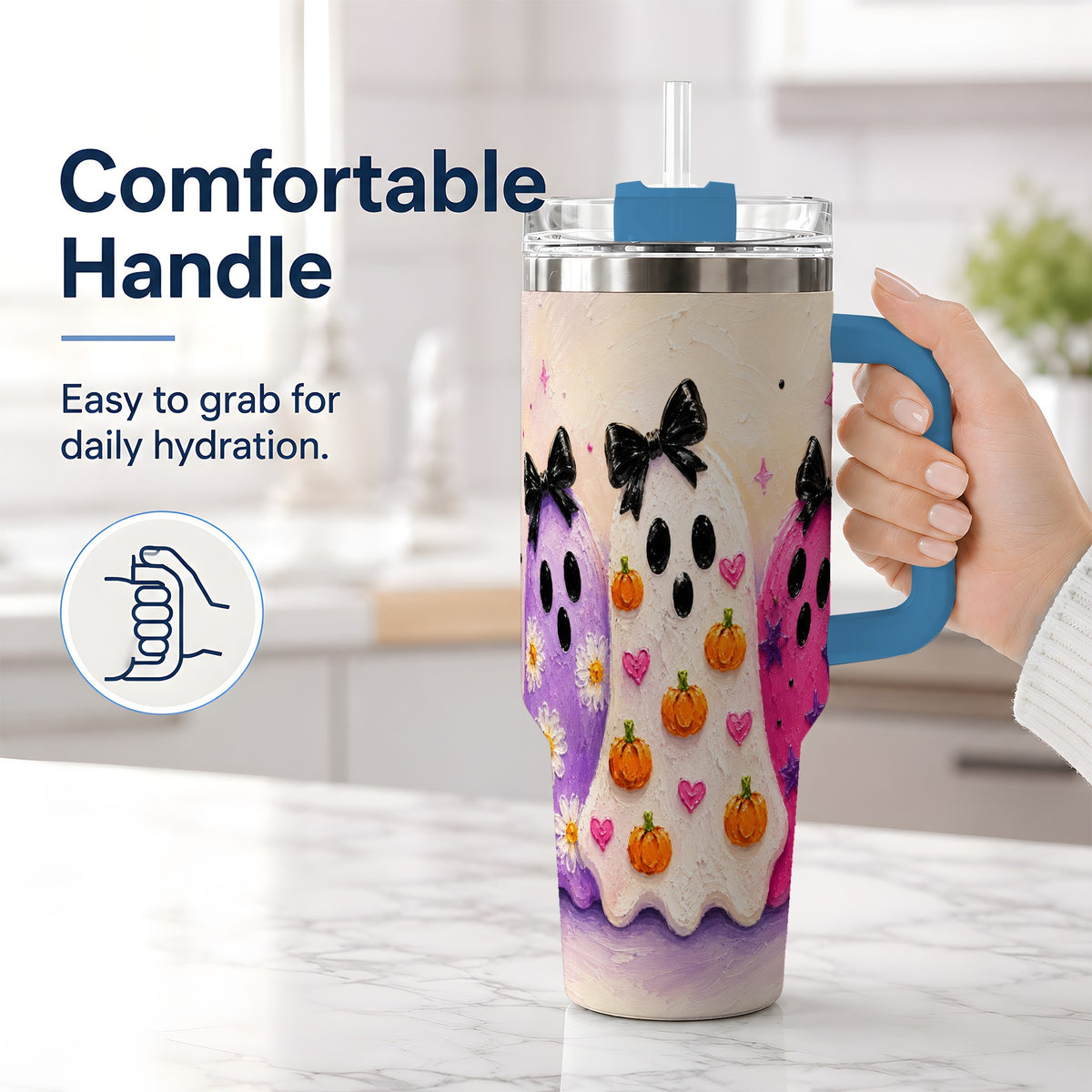 #pl[40oz|Blue] Cute Ghost Trio 40oz Tumbler, Halloween Artwork for Spooky Season Fans