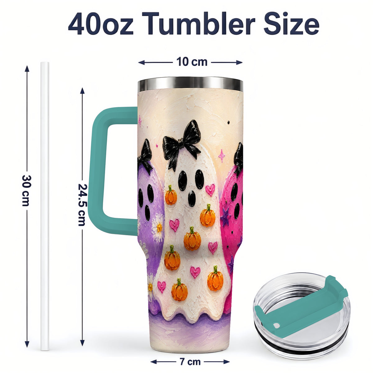 #pl[40oz|Green] Cute Ghost Trio 40oz Tumbler, Halloween Artwork for Spooky Season Fans