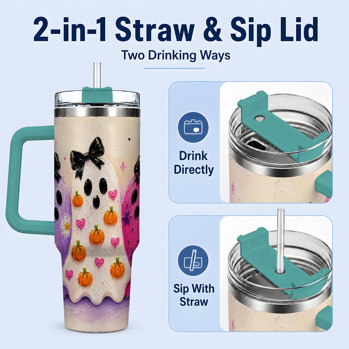 #pl[40oz|Green] Cute Ghost Trio 40oz Tumbler, Halloween Artwork for Spooky Season Fans