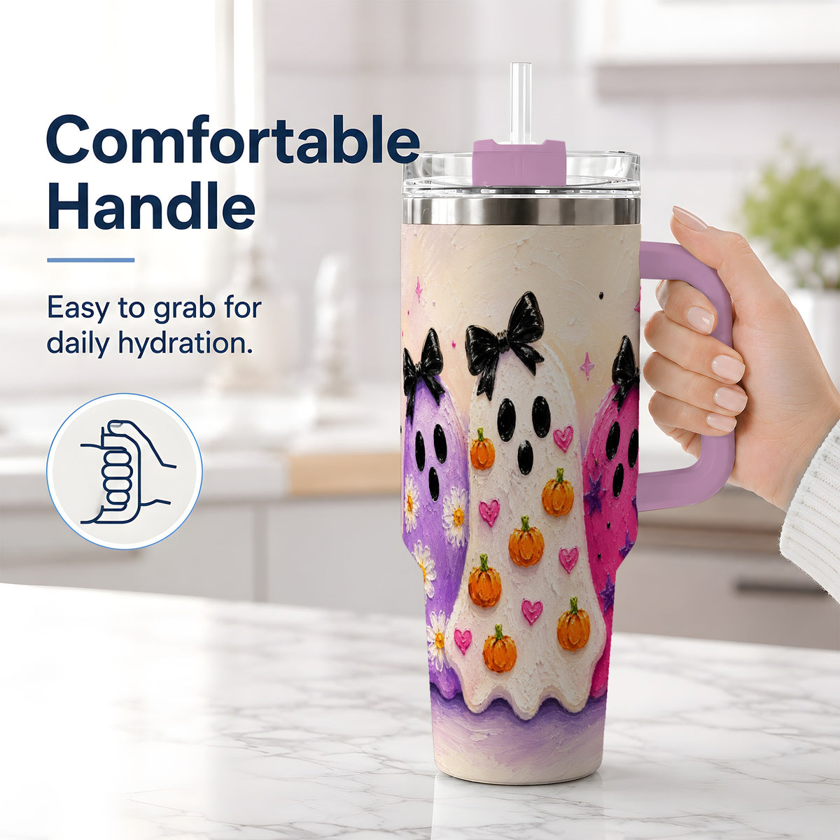#pl[40oz|Pink] Cute Ghost Trio 40oz Tumbler, Halloween Artwork for Spooky Season Fans