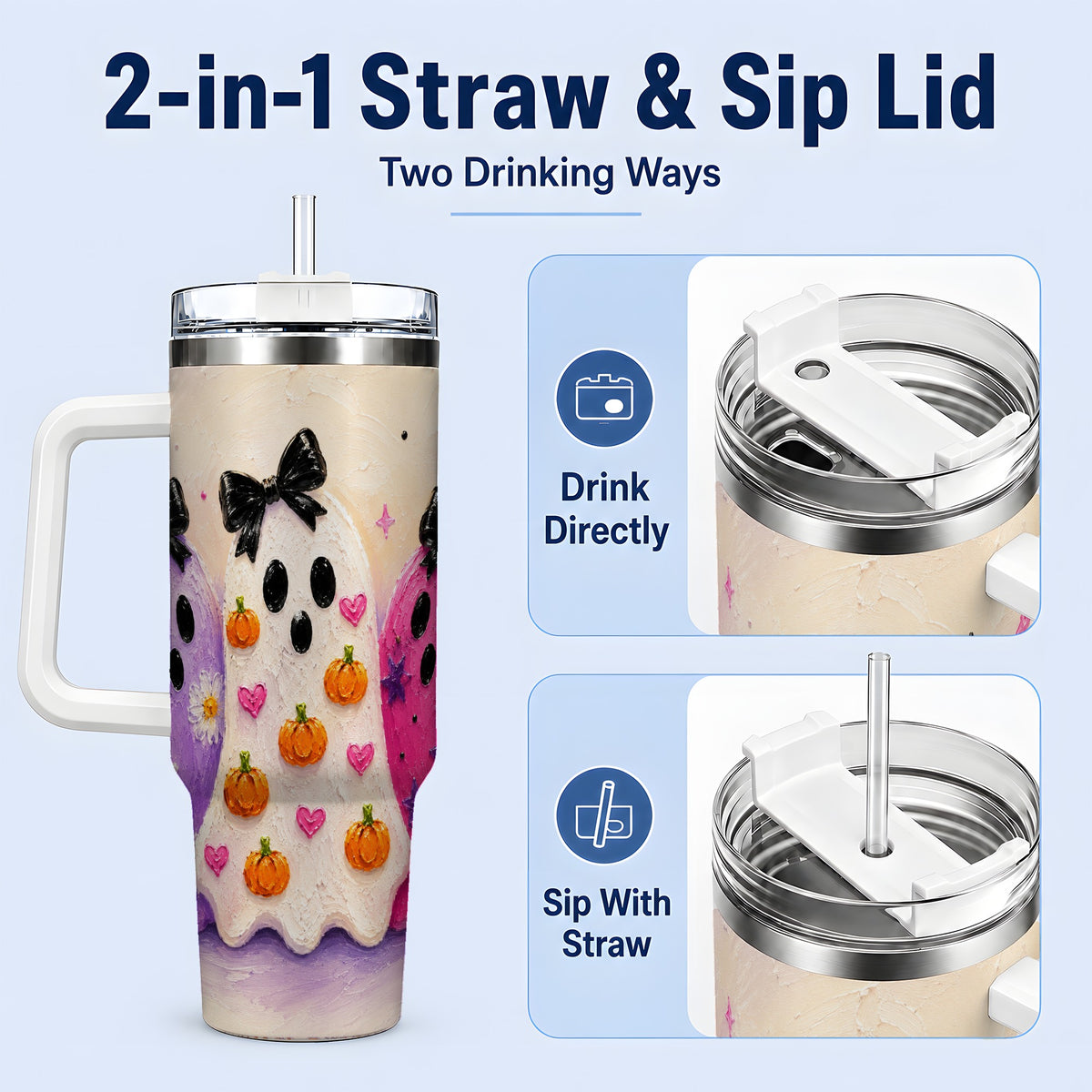 #pl[40oz|White] Cute Ghost Trio 40oz Tumbler, Halloween Artwork for Spooky Season Fans