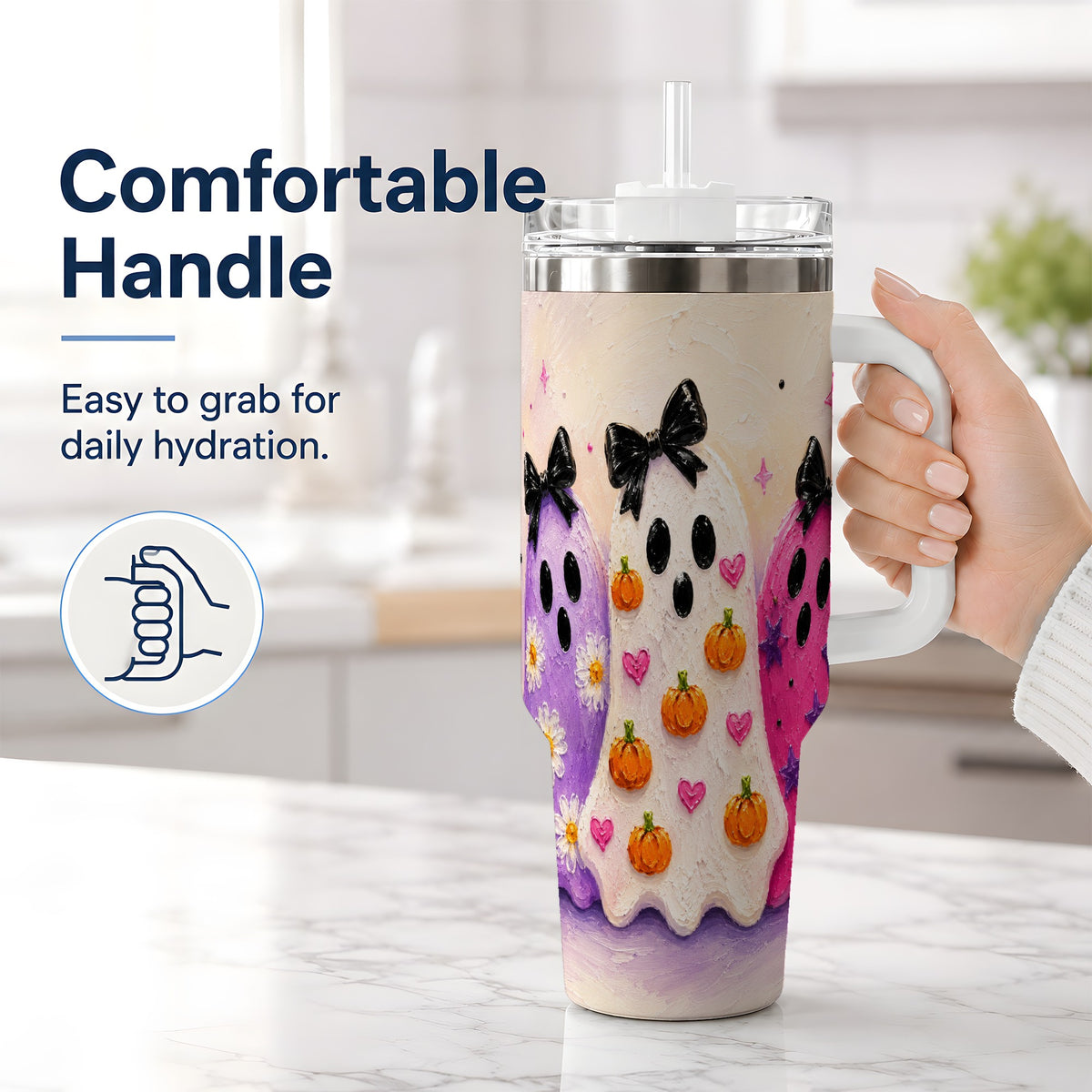 #pl[40oz|White] Cute Ghost Trio 40oz Tumbler, Halloween Artwork for Spooky Season Fans