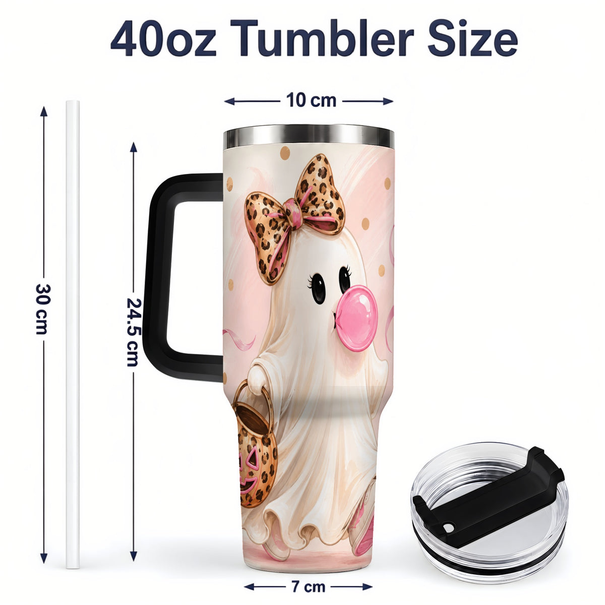 #pl[40oz|Black] Bubble Gum Ghost 40oz Tumbler, Leopard Bow Halloween Artwork for Daily Use
