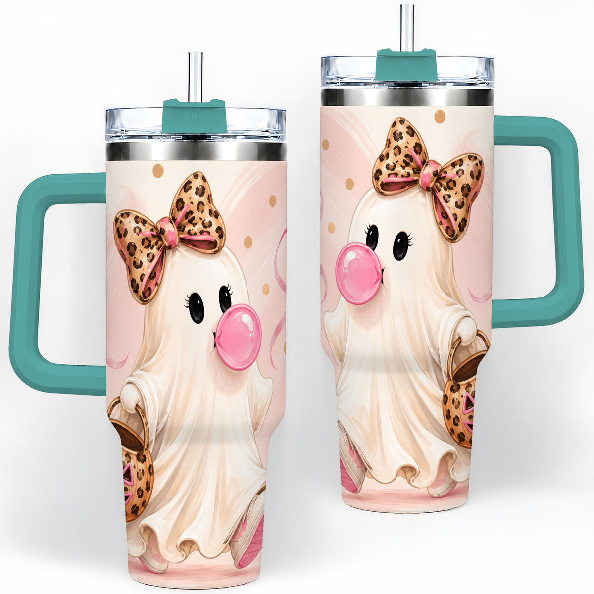 #pl[40oz|Green] Bubble Gum Ghost 40oz Tumbler, Leopard Bow Halloween Artwork for Daily Use