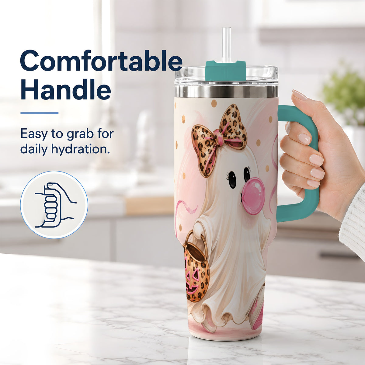 #pl[40oz|Green] Bubble Gum Ghost 40oz Tumbler, Leopard Bow Halloween Artwork for Daily Use