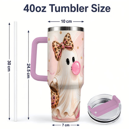 #pl[40oz|Pink] Bubble Gum Ghost 40oz Tumbler, Leopard Bow Halloween Artwork for Daily Use