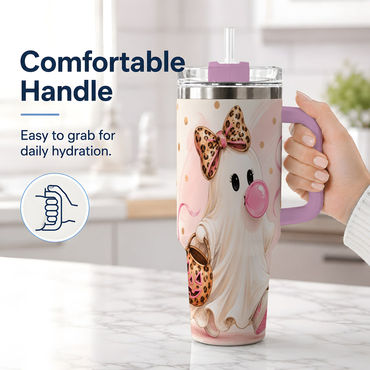#pl[40oz|Pink] Bubble Gum Ghost 40oz Tumbler, Leopard Bow Halloween Artwork for Daily Use