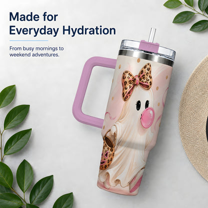 #pl[40oz|Pink] Bubble Gum Ghost 40oz Tumbler, Leopard Bow Halloween Artwork for Daily Use