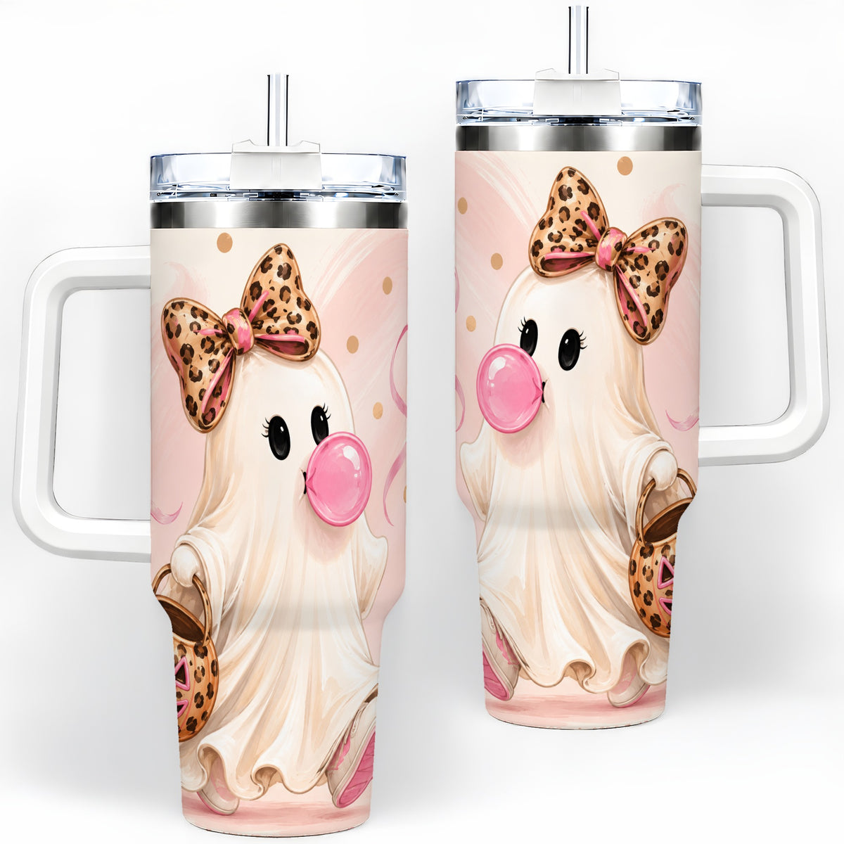 Bubble Gum Ghost 40oz Tumbler, Leopard Bow Halloween Artwork for Daily Use