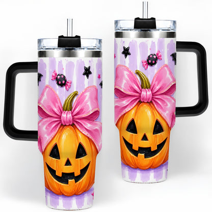 #pl[40oz|Black] Pink Bow Pumpkin 40oz Tumbler, Cute Halloween Drinkware with Bats