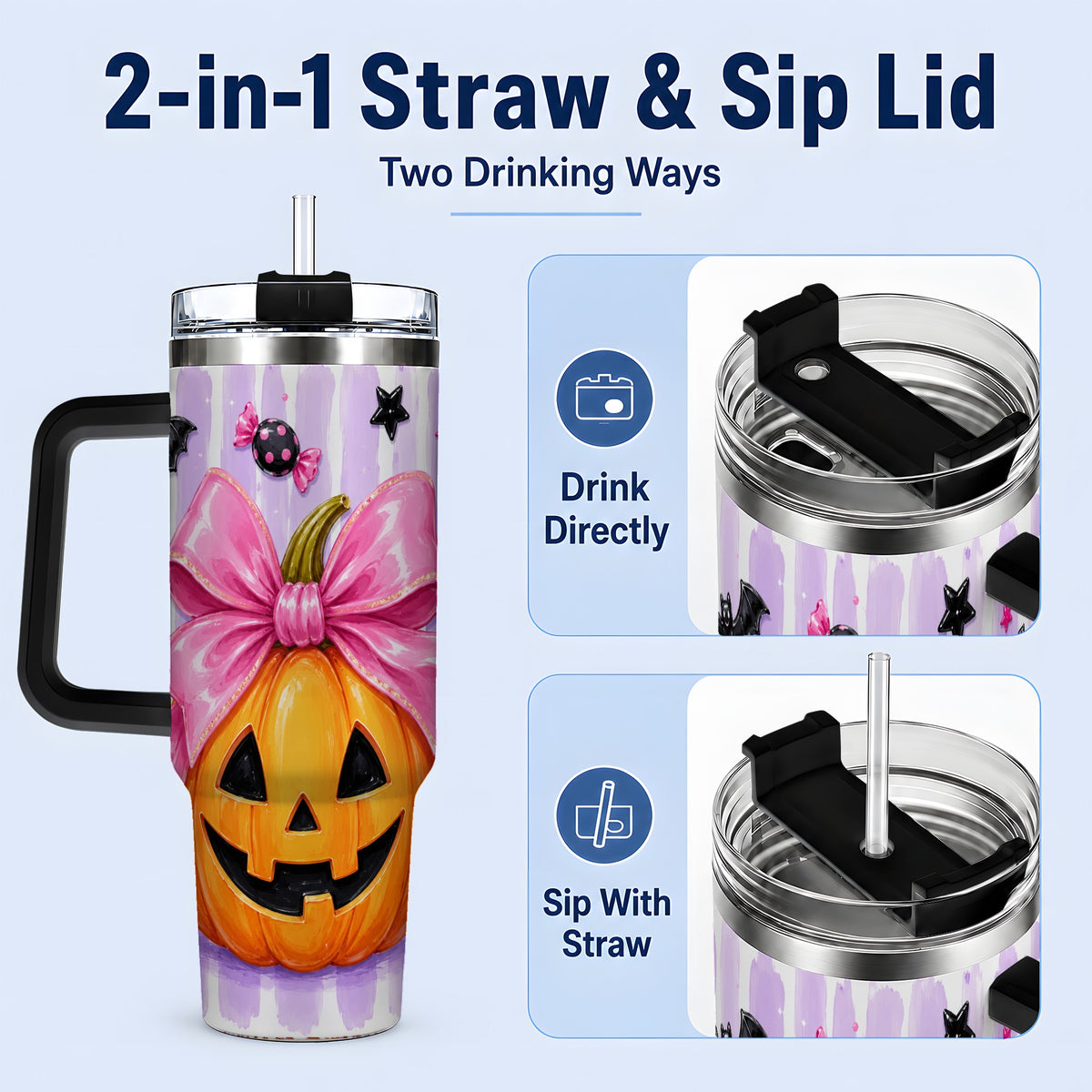 #pl[40oz|Black] Pink Bow Pumpkin 40oz Tumbler, Cute Halloween Drinkware with Bats