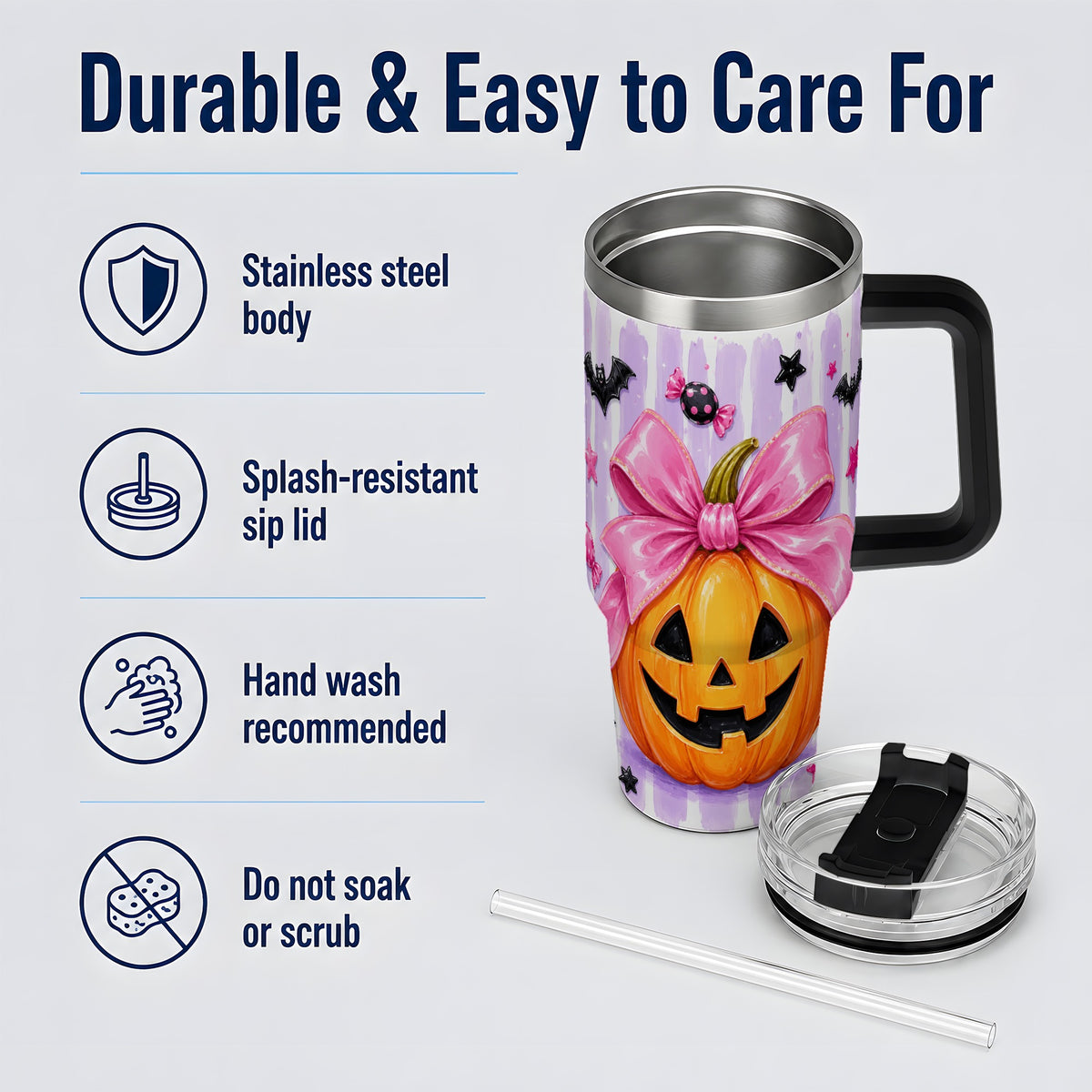 #pl[40oz|Black] Pink Bow Pumpkin 40oz Tumbler, Cute Halloween Drinkware with Bats