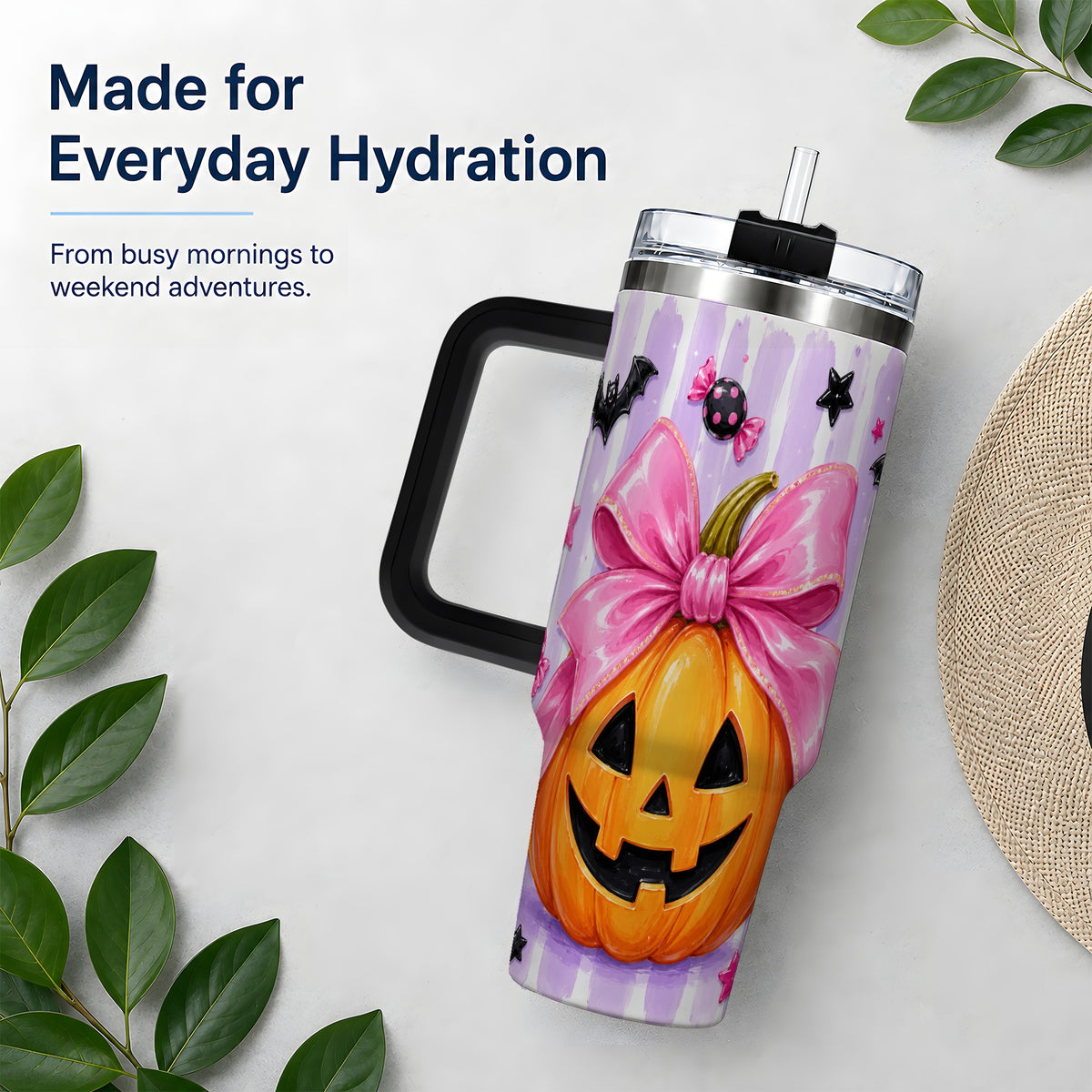 #pl[40oz|Black] Pink Bow Pumpkin 40oz Tumbler, Cute Halloween Drinkware with Bats
