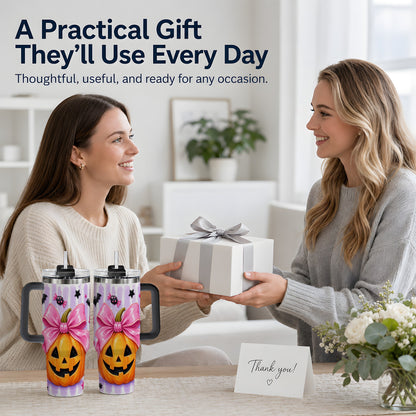 #pl[40oz|Black] Pink Bow Pumpkin 40oz Tumbler, Cute Halloween Drinkware with Bats