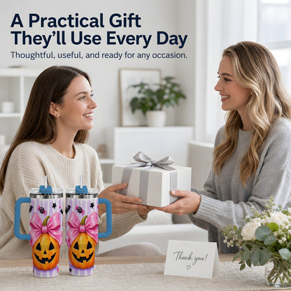 #pl[40oz|Blue] Pink Bow Pumpkin 40oz Tumbler, Cute Halloween Drinkware with Bats