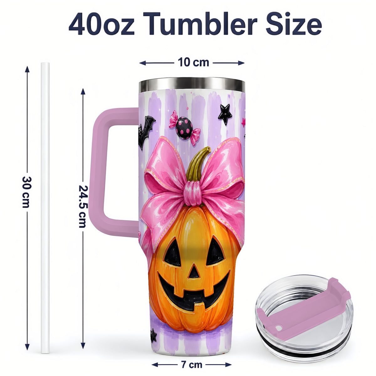 #pl[40oz|Pink] Pink Bow Pumpkin 40oz Tumbler, Cute Halloween Drinkware with Bats