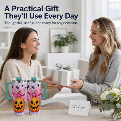 #pl[40oz|Green] Pink Bow Pumpkin 40oz Tumbler, Cute Halloween Drinkware with Bats