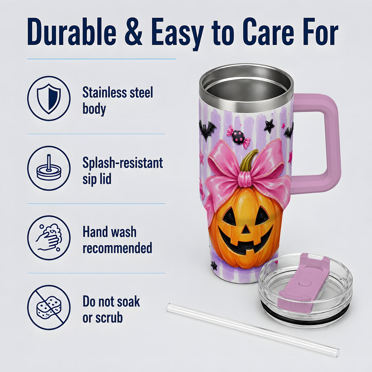 #pl[40oz|Pink] Pink Bow Pumpkin 40oz Tumbler, Cute Halloween Drinkware with Bats