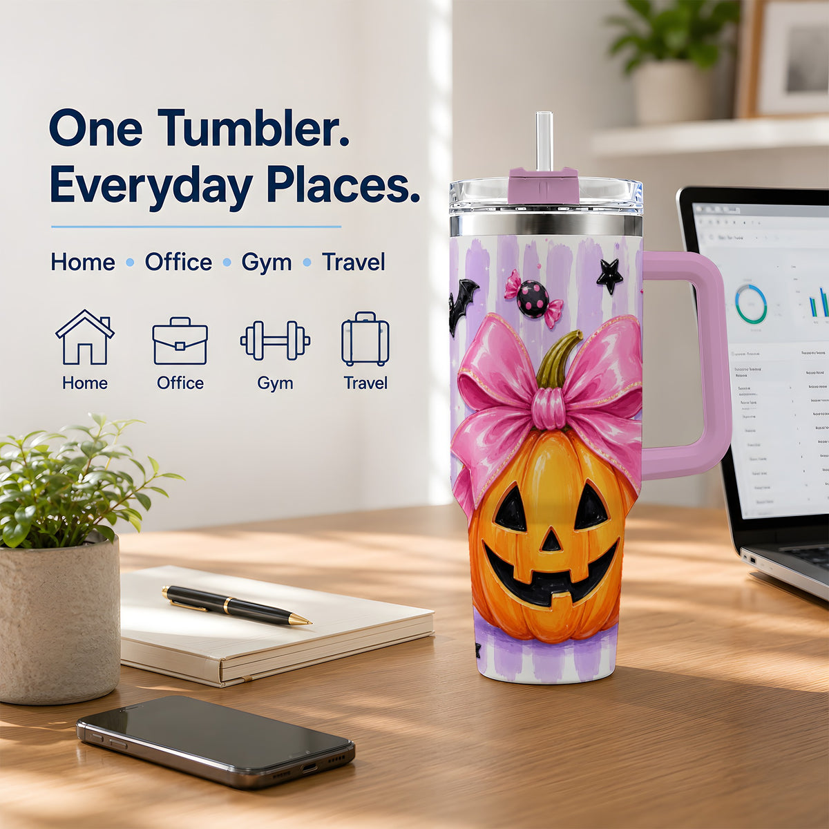 #pl[40oz|Pink] Pink Bow Pumpkin 40oz Tumbler, Cute Halloween Drinkware with Bats