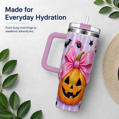 #pl[40oz|Pink] Pink Bow Pumpkin 40oz Tumbler, Cute Halloween Drinkware with Bats