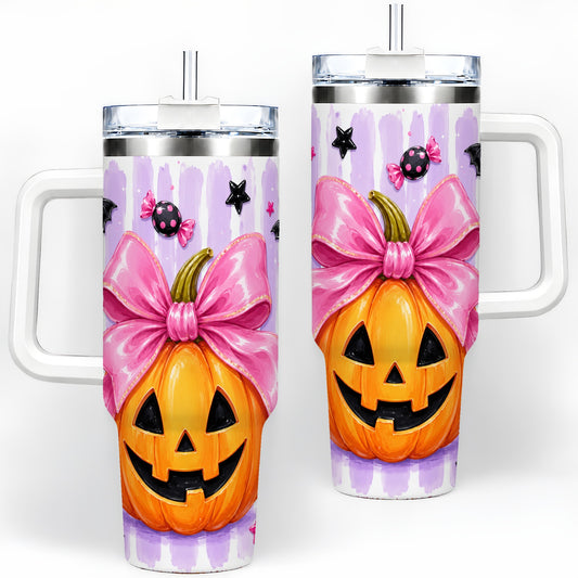 Pink Bow Pumpkin 40oz Tumbler, Cute Halloween Drinkware with Bats