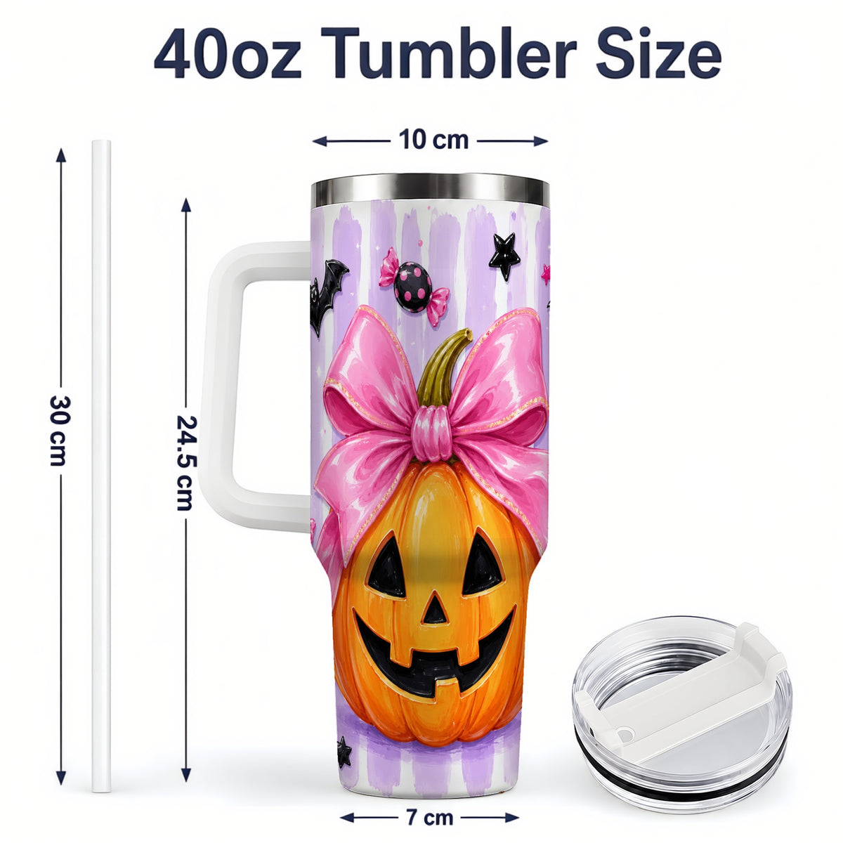 #pl[40oz|White] Pink Bow Pumpkin 40oz Tumbler, Cute Halloween Drinkware with Bats