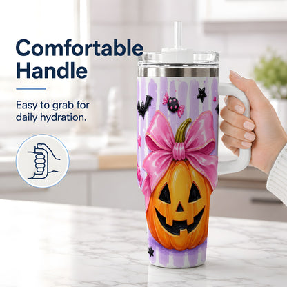#pl[40oz|White] Pink Bow Pumpkin 40oz Tumbler, Cute Halloween Drinkware with Bats