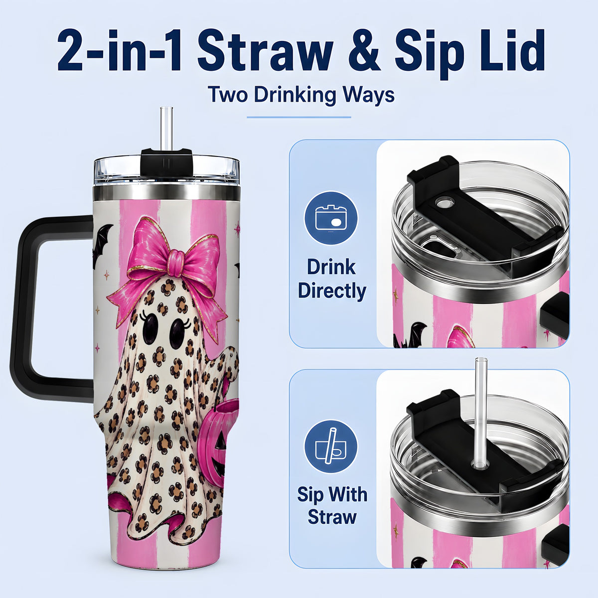 #pl[40oz|Black] Leopard Ghost 40oz Tumbler, Pink Bow Halloween Drinkware with Bats