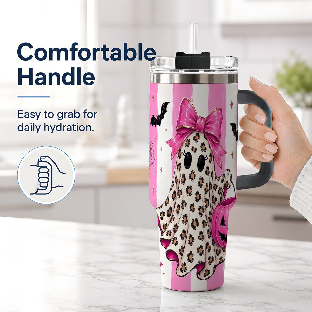 #pl[40oz|Black] Leopard Ghost 40oz Tumbler, Pink Bow Halloween Drinkware with Bats