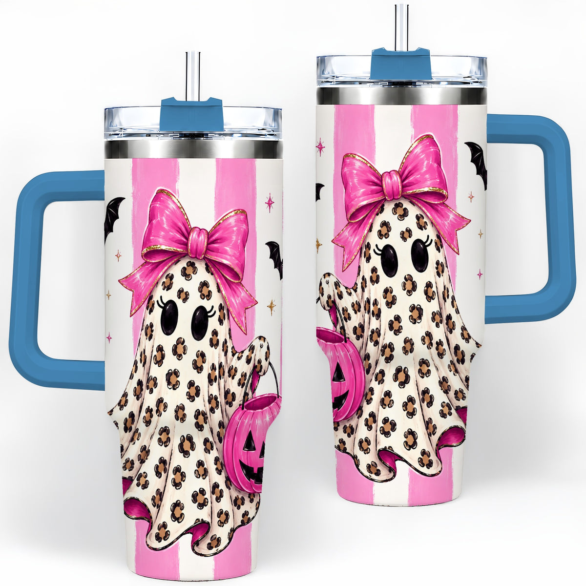 #pl[40oz|Blue] Leopard Ghost 40oz Tumbler, Pink Bow Halloween Drinkware with Bats