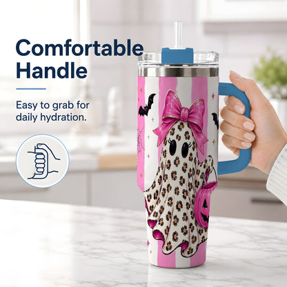 #pl[40oz|Blue] Leopard Ghost 40oz Tumbler, Pink Bow Halloween Drinkware with Bats
