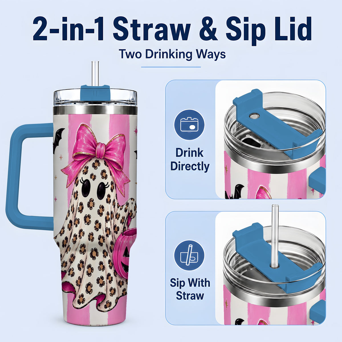 #pl[40oz|Blue] Leopard Ghost 40oz Tumbler, Pink Bow Halloween Drinkware with Bats