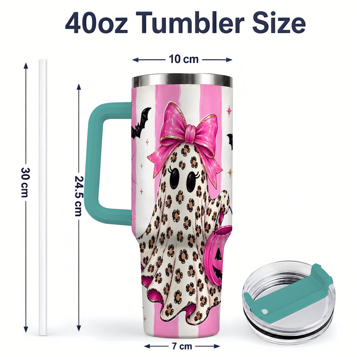 #pl[40oz|Green] Leopard Ghost 40oz Tumbler, Pink Bow Halloween Drinkware with Bats