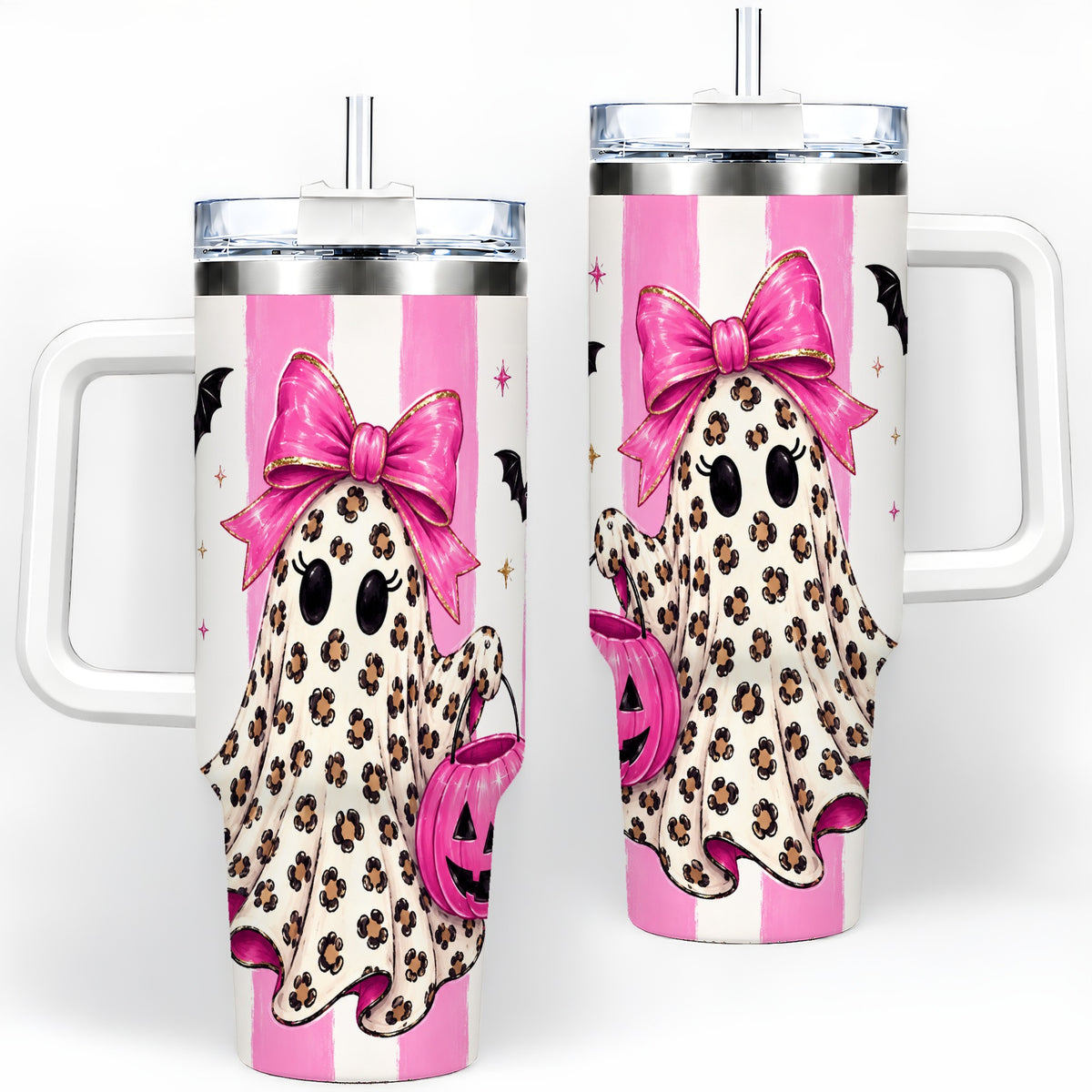 Leopard Ghost 40oz Tumbler, Pink Bow Halloween Drinkware with Bats