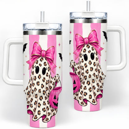 Leopard Ghost 40oz Tumbler, Pink Bow Halloween Drinkware with Bats