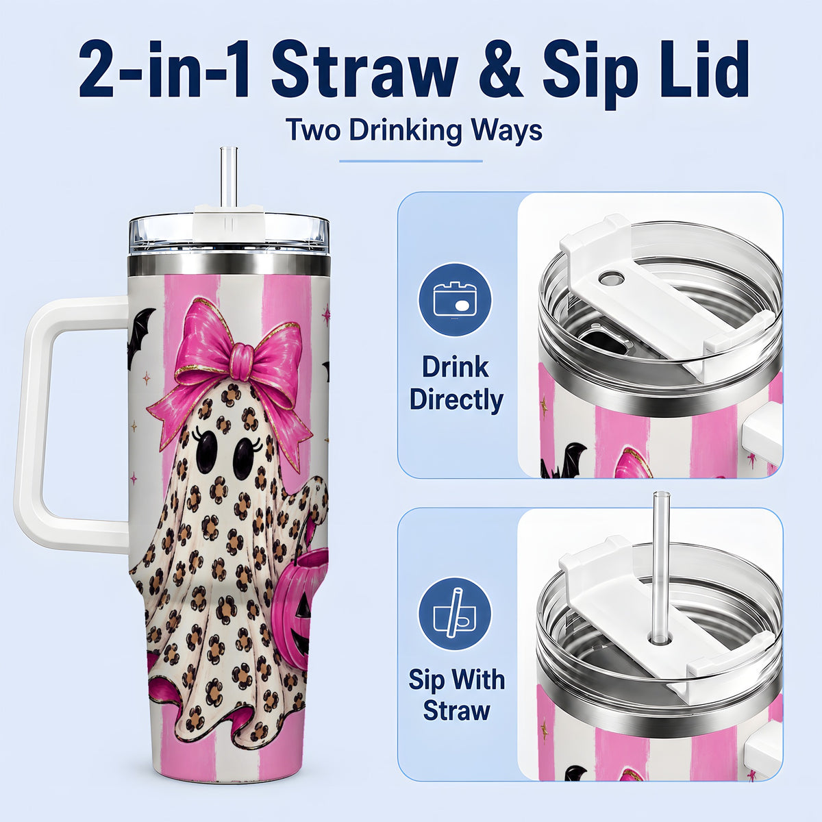 #pl[40oz|White] Leopard Ghost 40oz Tumbler, Pink Bow Halloween Drinkware with Bats