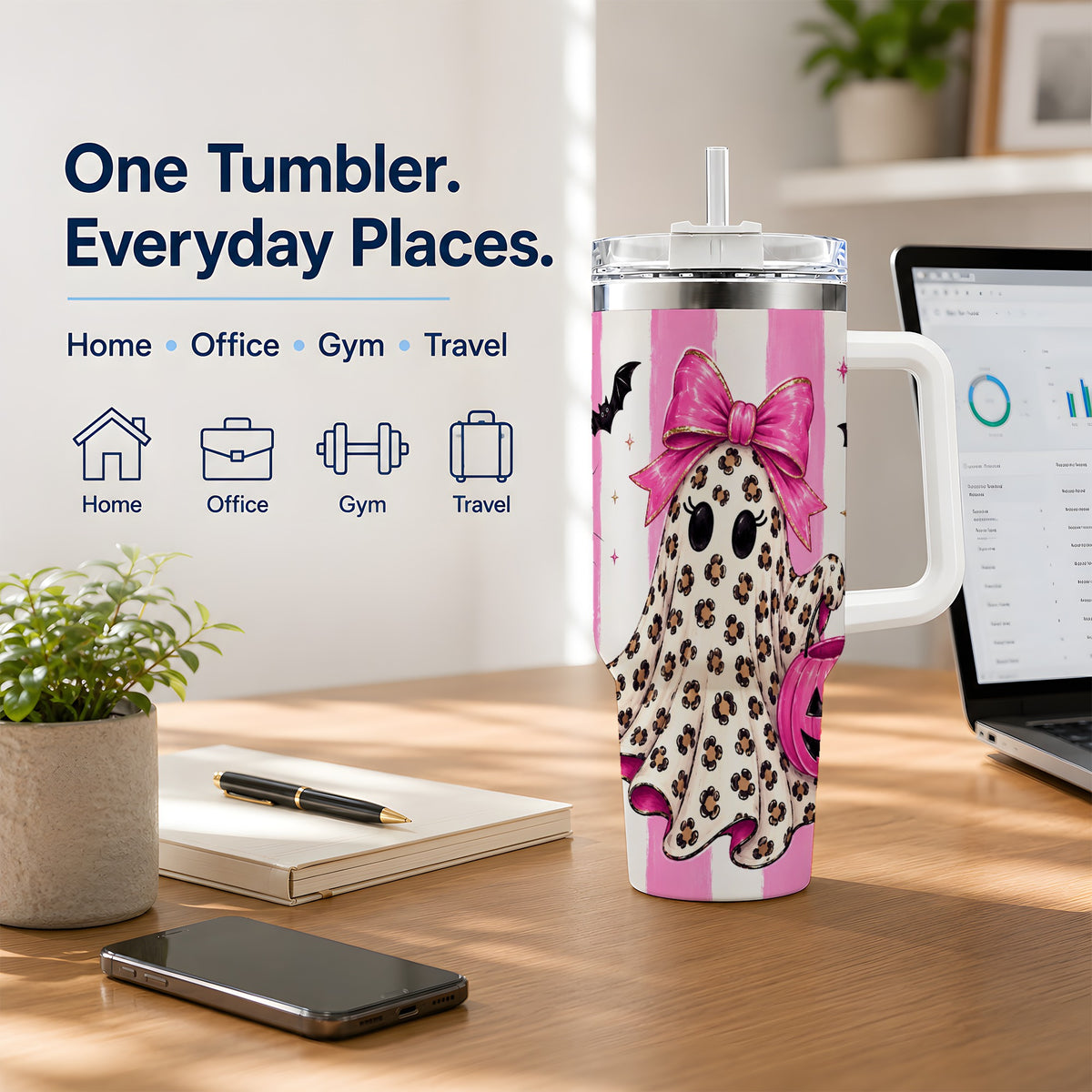 #pl[40oz|White] Leopard Ghost 40oz Tumbler, Pink Bow Halloween Drinkware with Bats