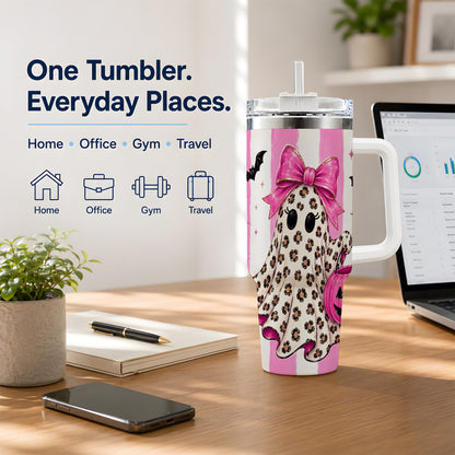 #pl[40oz|White] Leopard Ghost 40oz Tumbler, Pink Bow Halloween Drinkware with Bats