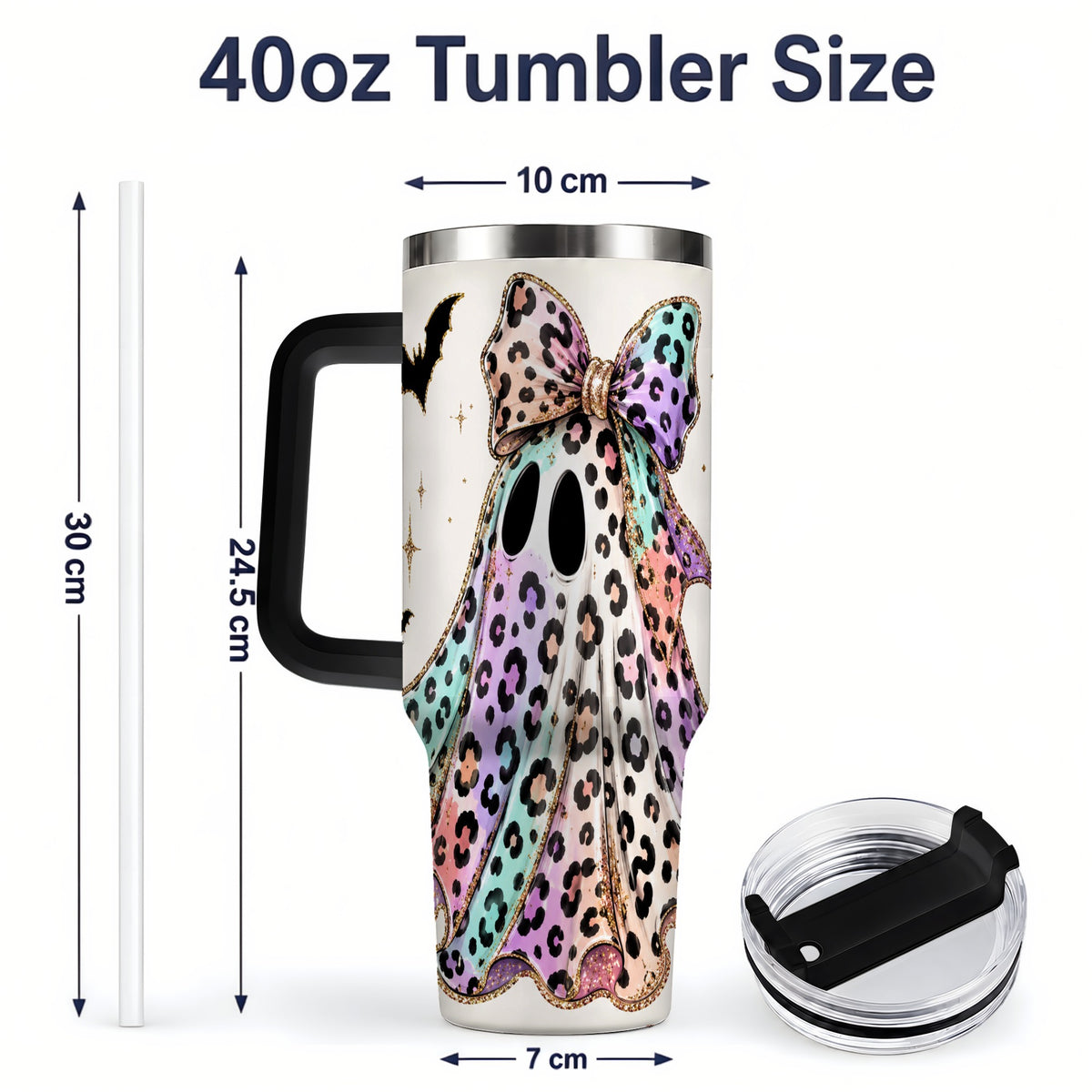 #pl[40oz|Black] Pastel Leopard Ghost 40oz Tumbler, Bow and Bat Halloween Drinkware