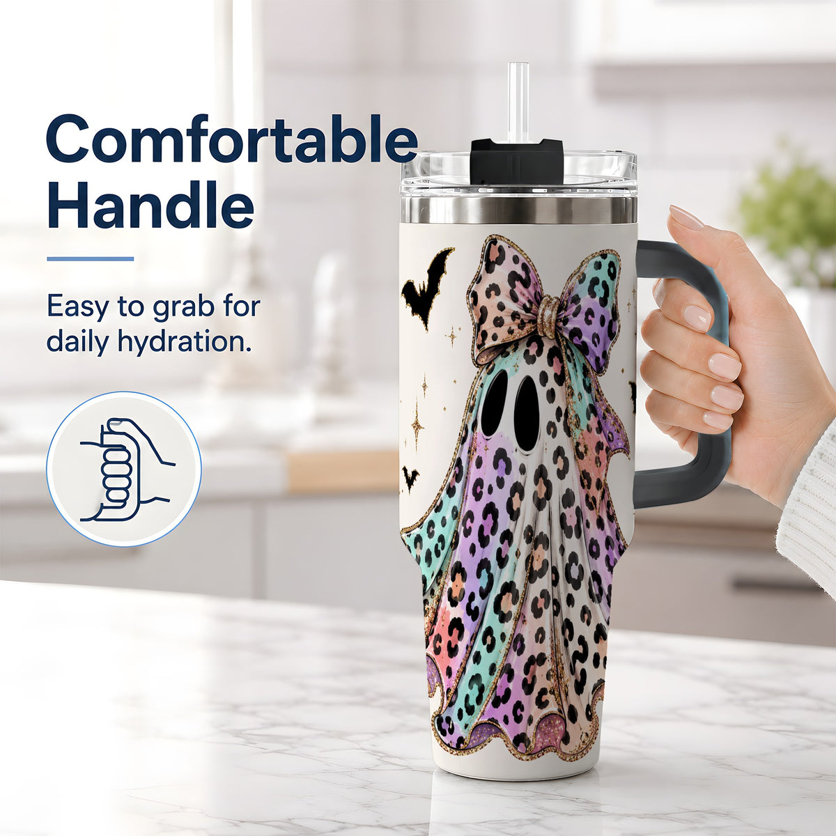 #pl[40oz|Black] Pastel Leopard Ghost 40oz Tumbler, Bow and Bat Halloween Drinkware