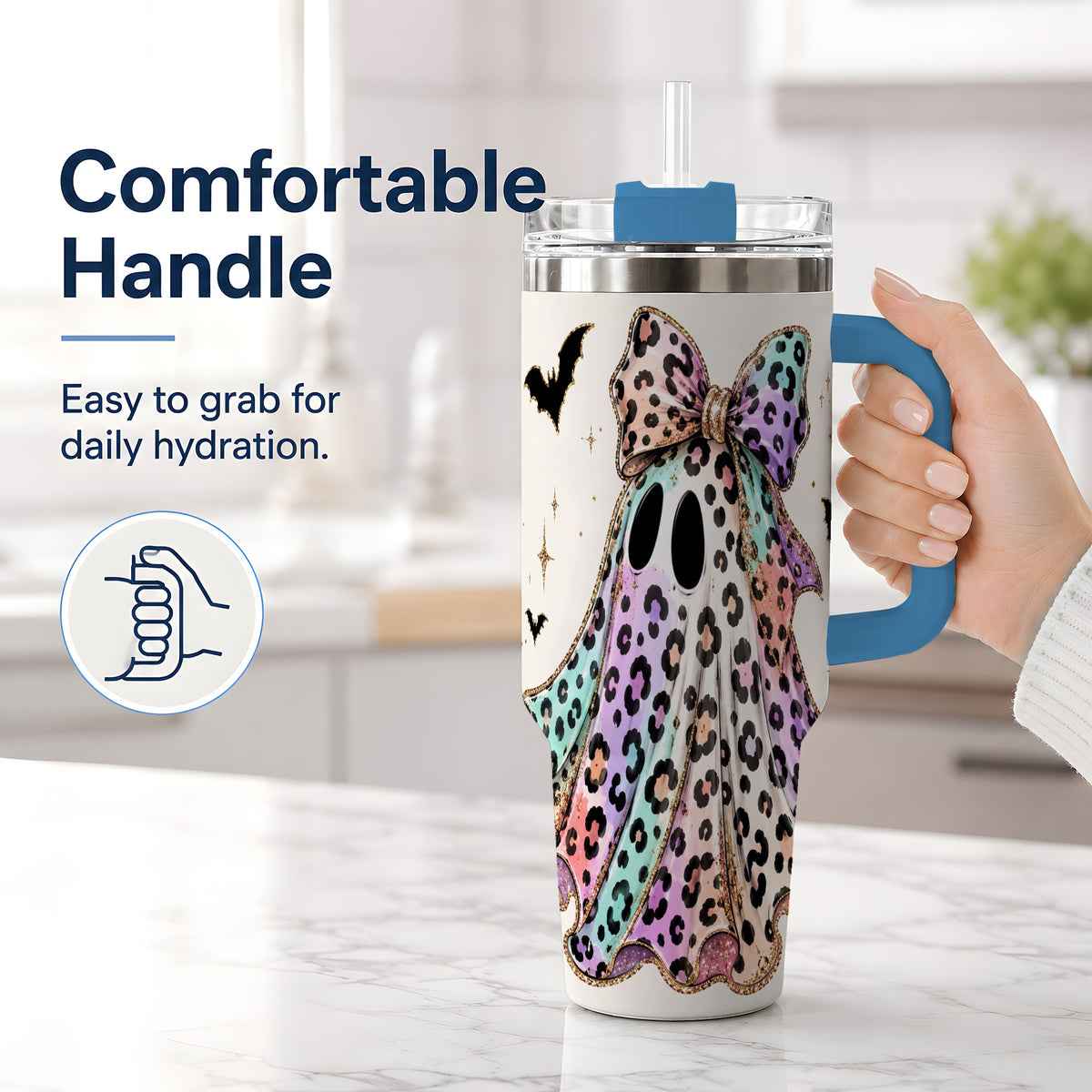#pl[40oz|Blue] Pastel Leopard Ghost 40oz Tumbler, Bow and Bat Halloween Drinkware