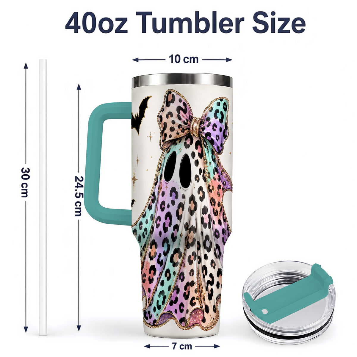 #pl[40oz|Green] Pastel Leopard Ghost 40oz Tumbler, Bow and Bat Halloween Drinkware