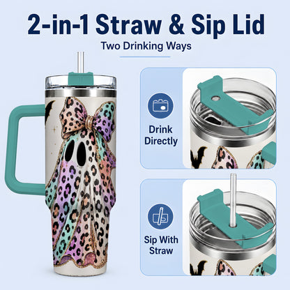 #pl[40oz|Green] Pastel Leopard Ghost 40oz Tumbler, Bow and Bat Halloween Drinkware