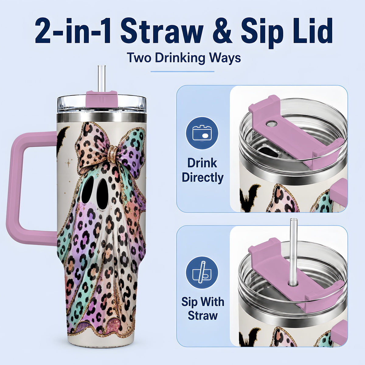#pl[40oz|Pink] Pastel Leopard Ghost 40oz Tumbler, Bow and Bat Halloween Drinkware