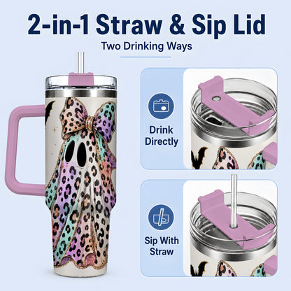 #pl[40oz|Pink] Pastel Leopard Ghost 40oz Tumbler, Bow and Bat Halloween Drinkware