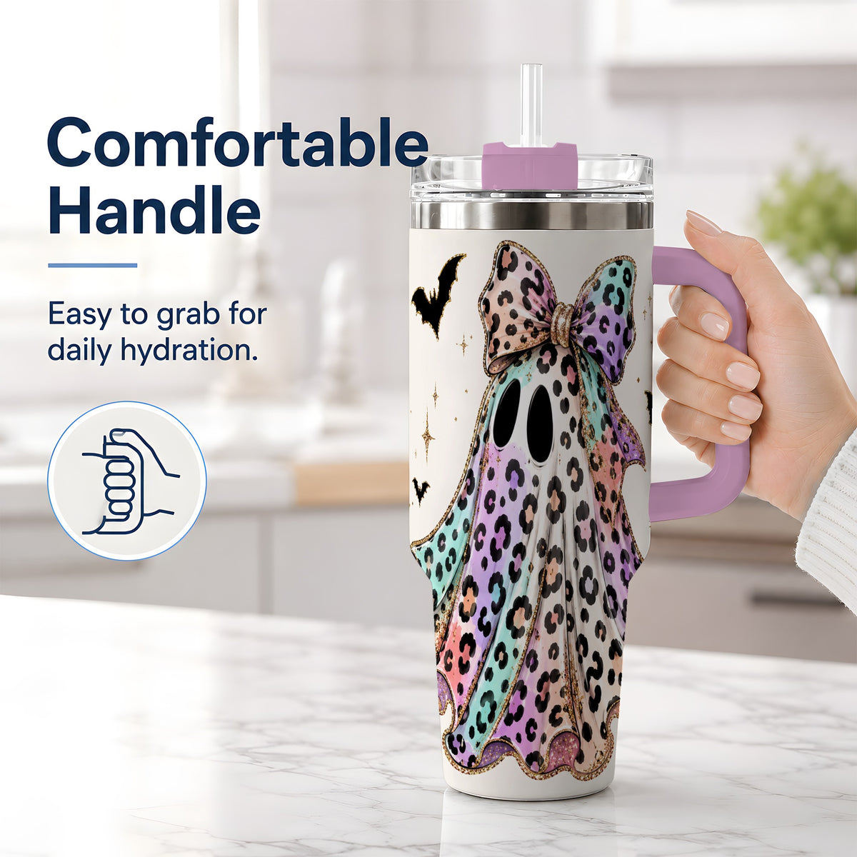 #pl[40oz|Pink] Pastel Leopard Ghost 40oz Tumbler, Bow and Bat Halloween Drinkware