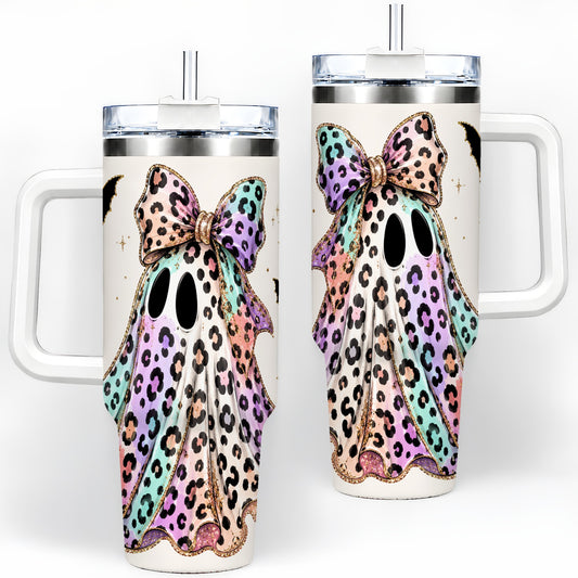 Pastel Leopard Ghost 40oz Tumbler, Bow and Bat Halloween Drinkware